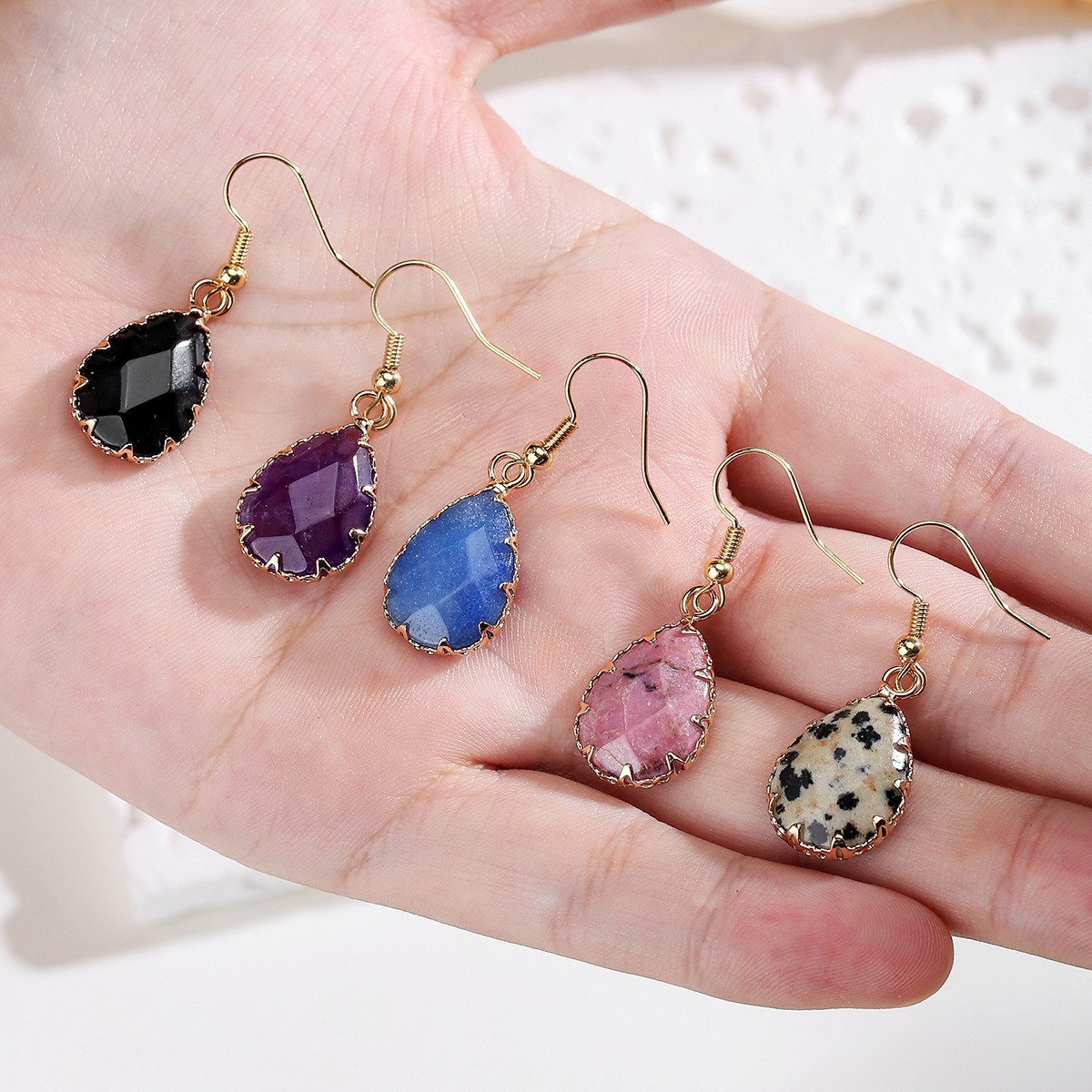Pretty Multicolor Natural Stone Crystal Agate Water Droplet Gems Hook Earrings