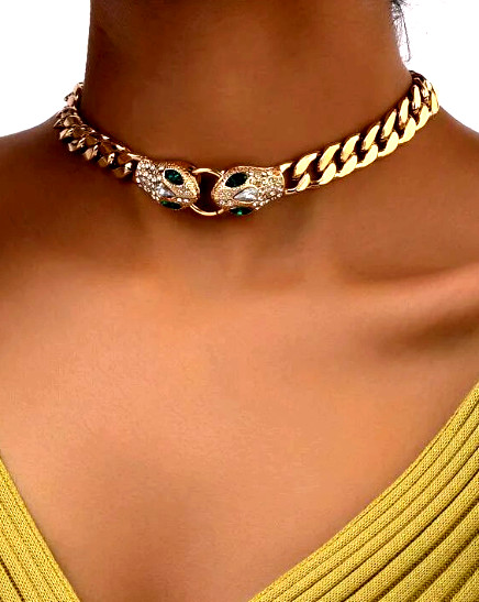 Snake Necklace Choker Women Animal Jewelry Green Crystal Eyes Party Goth Gold