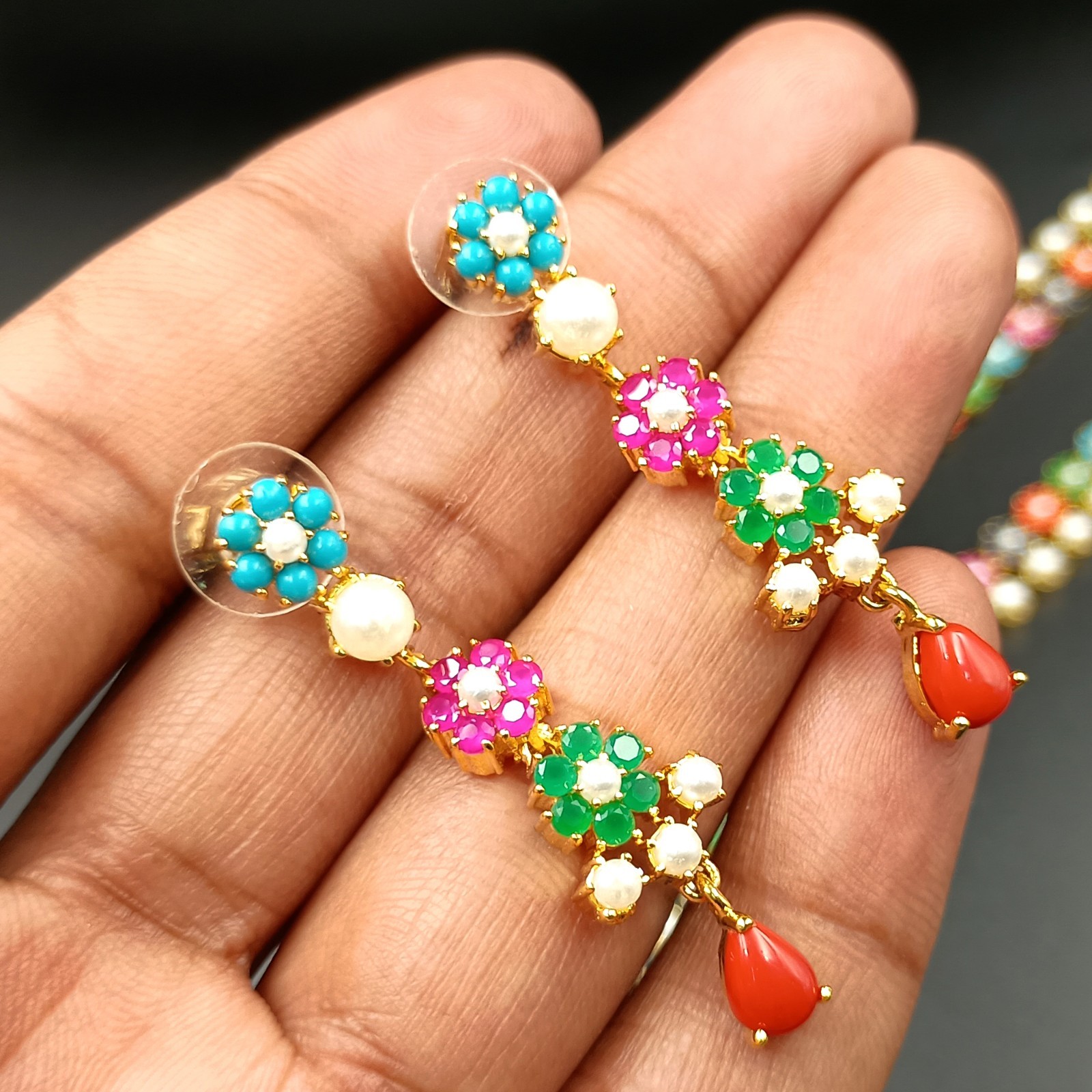 Long Navratan Necklace Set 22K Gold Plated Traditional Multi Gemstone Jewelry