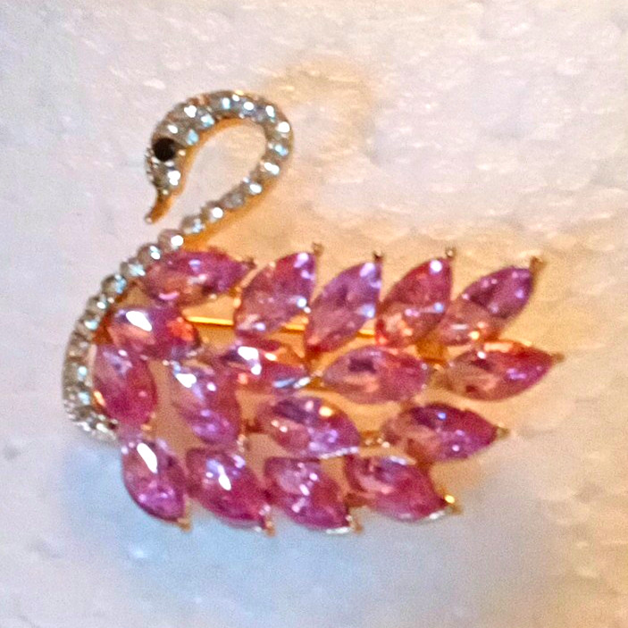 Gold Tone Rhinestone Swan Bird Brooch Pin, Pink Marquise Stones