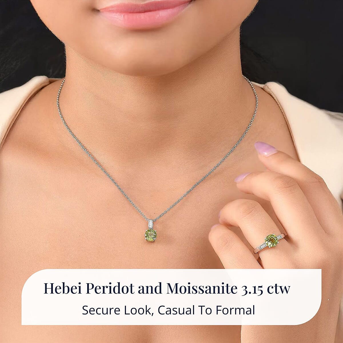 3.15ctw Hebei Peridot & Moissanite Ring & Pendant Set Rhodium Plated Size 7
