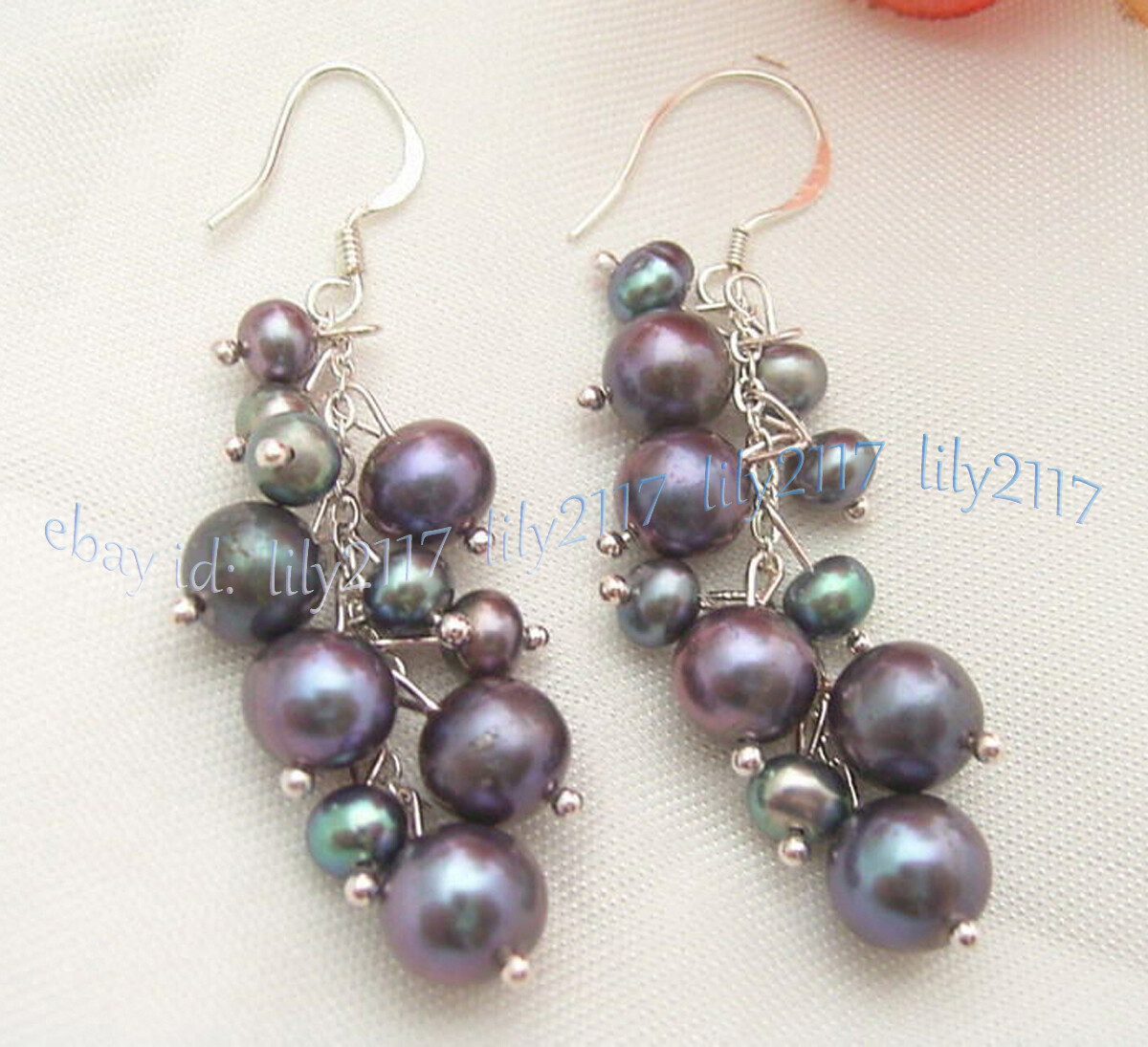 Natural 4-5mm 6-7mm Peacock Black Freshwater Pearl Dangle 925s Hook Earrings AAA