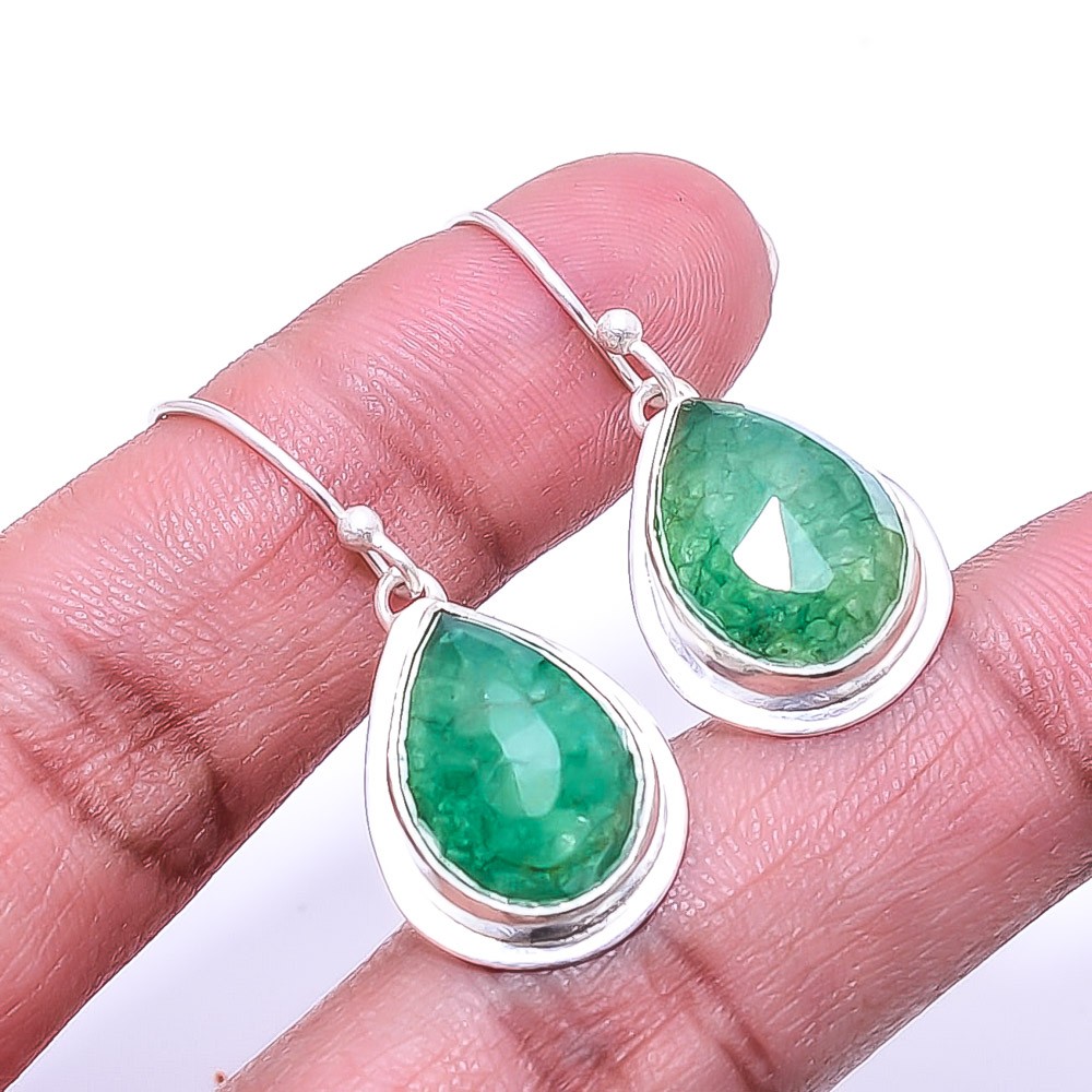 Natural Emerlad -Dyed Quartz 925 Sterling Silver Earring 1.33″, Christmas Gift