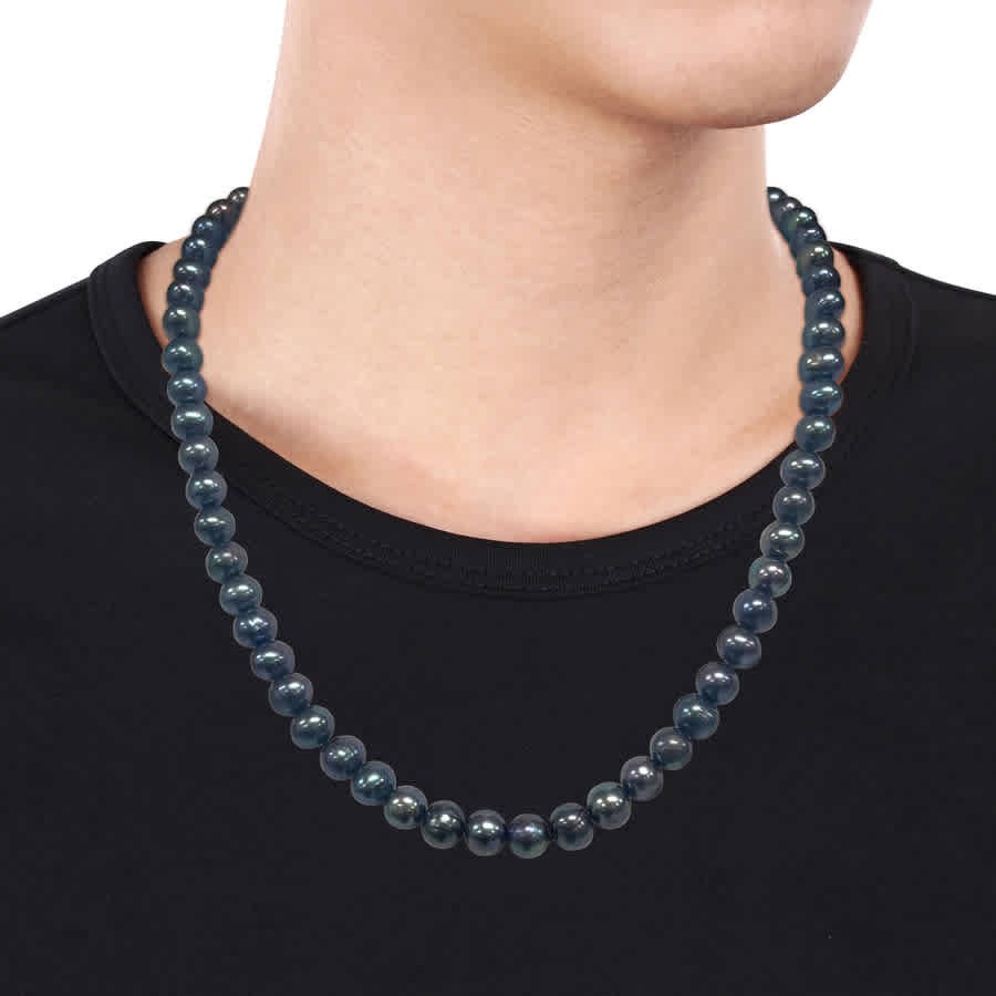 AMOUR 8-8.5mm Off-round Black Freshwater Cultured Men’s Pearl Necklace with