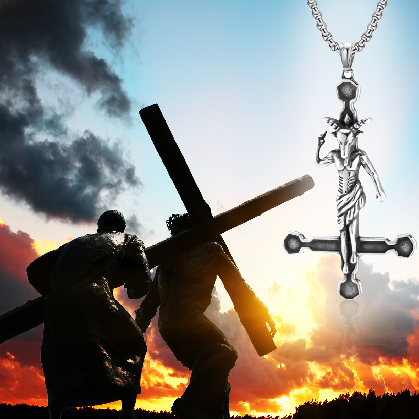 Men’s Sigil of Baphomet Inverted Upside Down Cross Necklace Satan Goat Devil
