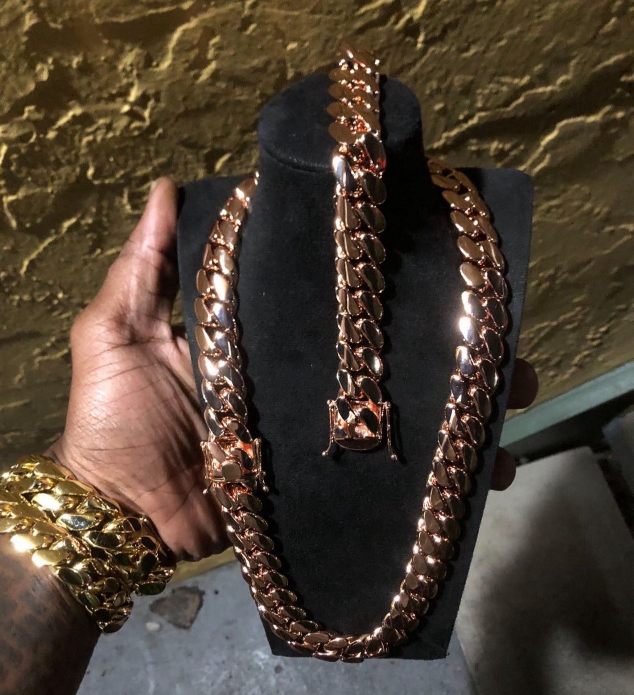 Bracelet & Chain Set Gold Cuban Link Rose Gold Plated Stainless Steel Set 20mm