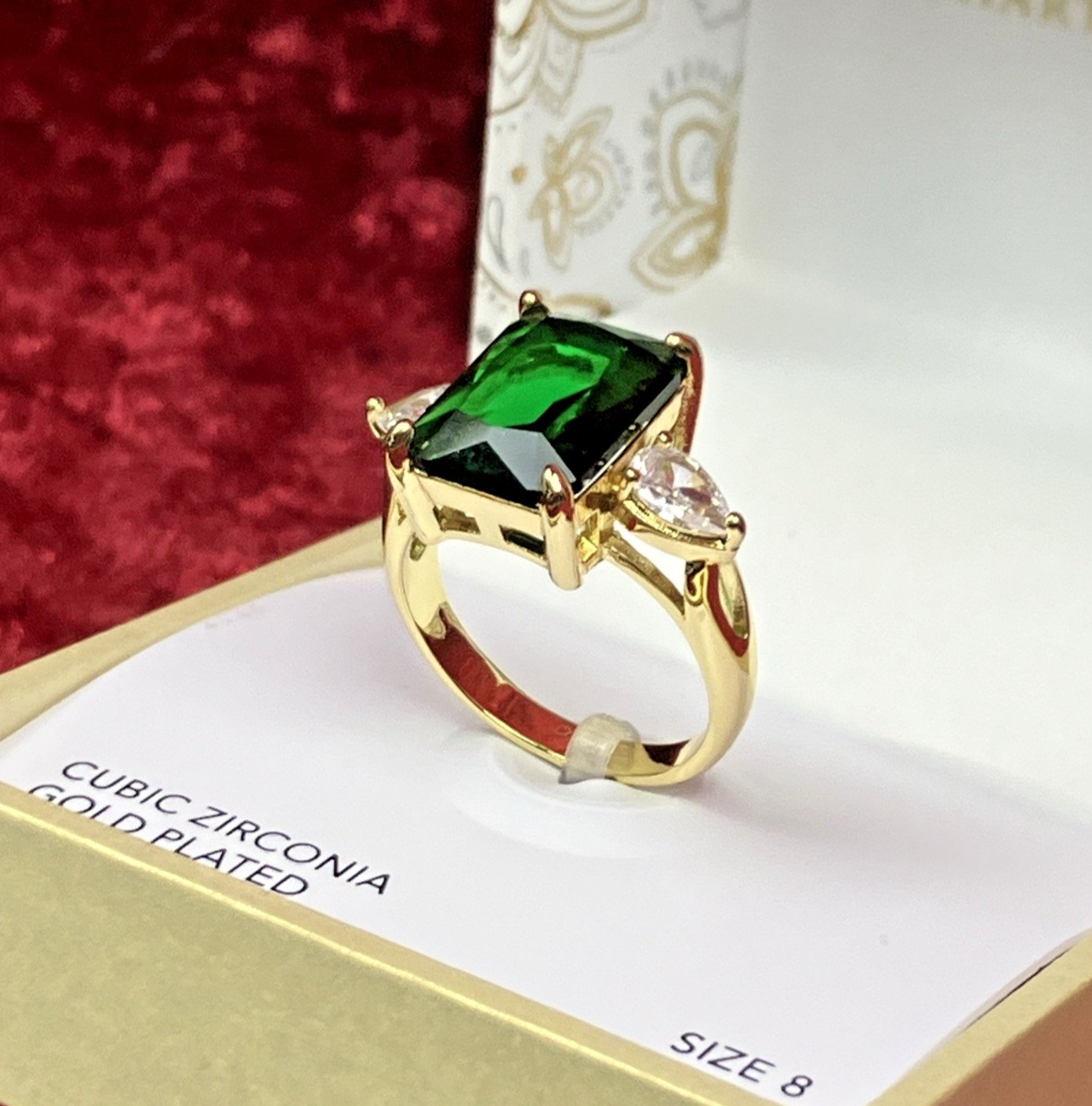 Charter Club Emerald Cut Green Crystal Ring Gold Plated Sz 8 NIB $39