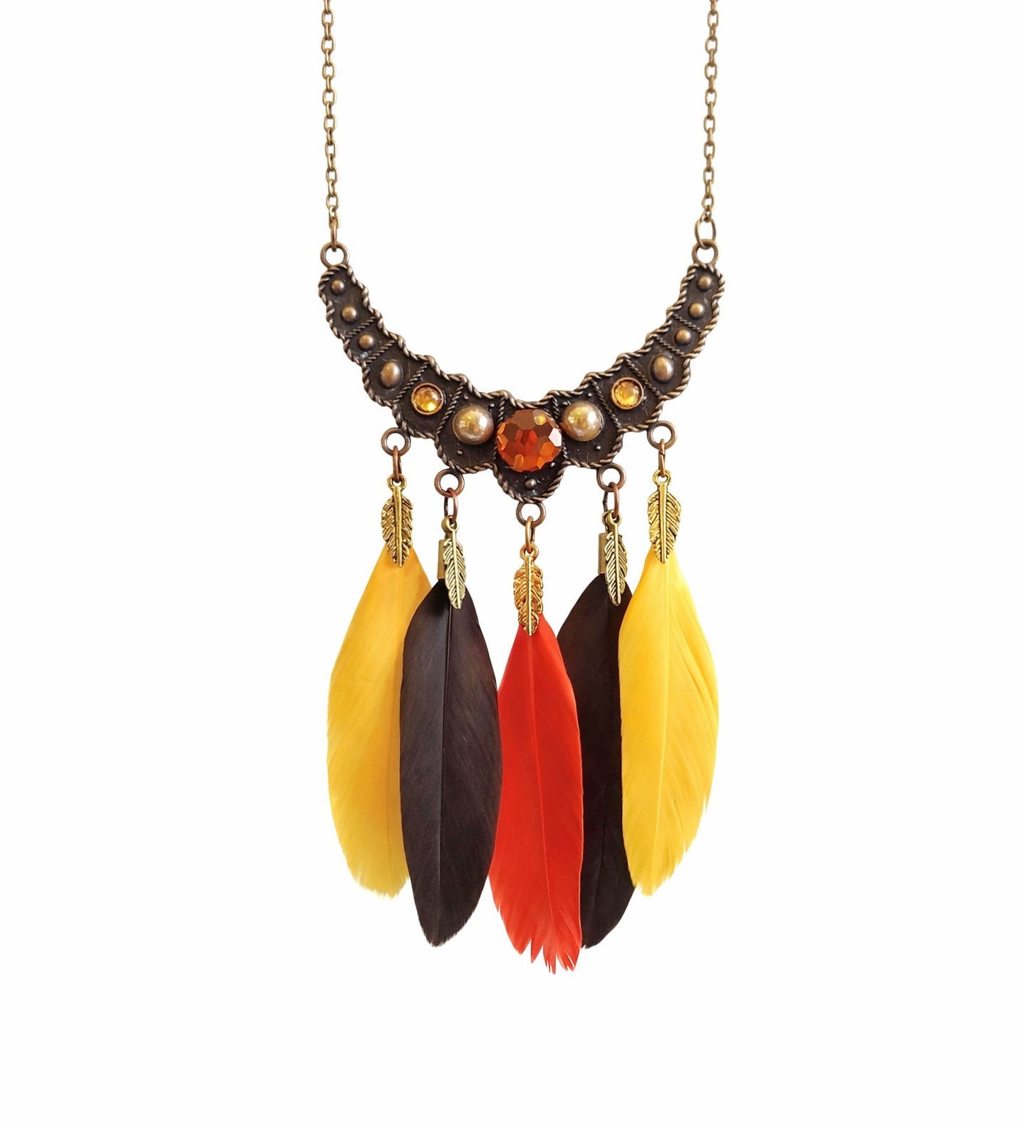 Feather Necklace – Bronze with Red, Brown and Yellow Feathers – Handmade