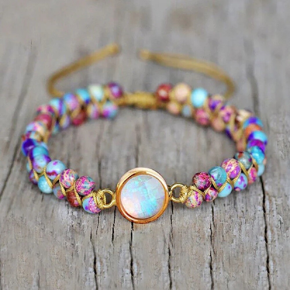 Natural Sea Sediment Jasper Stone Braided Bracelet Opal Charm Bracelet Handmade