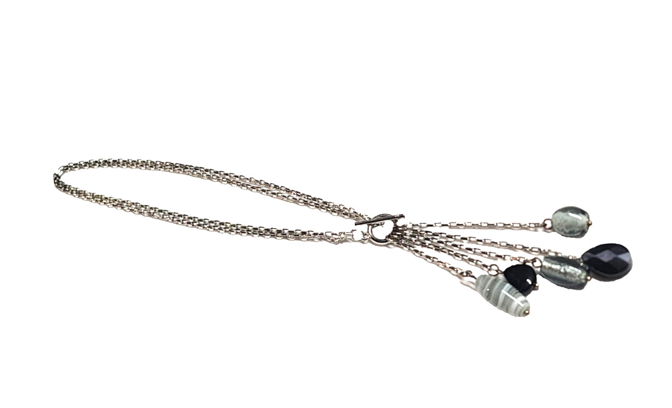 Black Gray Silver Tone Art Glass Bead Tassel Pendant Necklace 14″ Choker GUC