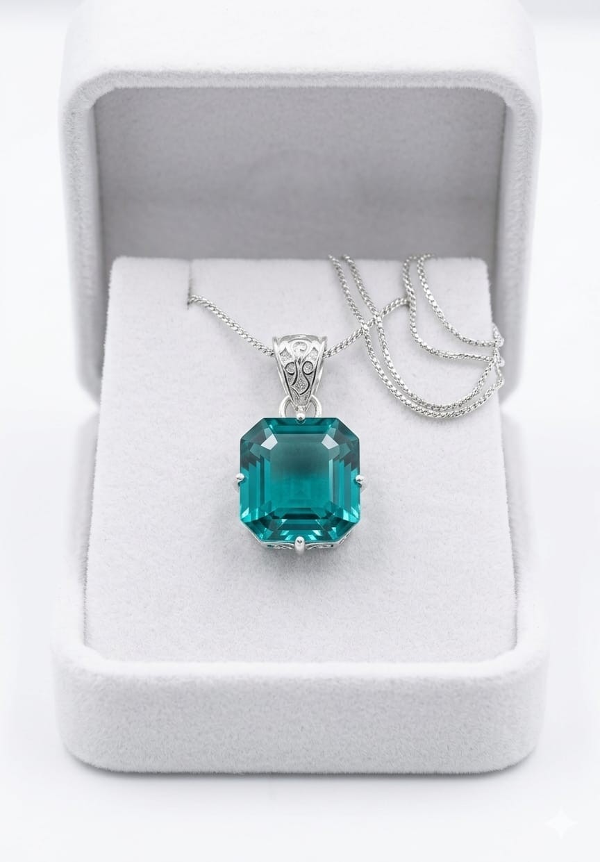 28 Ct Certified Natural Asscher Cut Green Paraiba Tourmaline 925 Silver Pendant