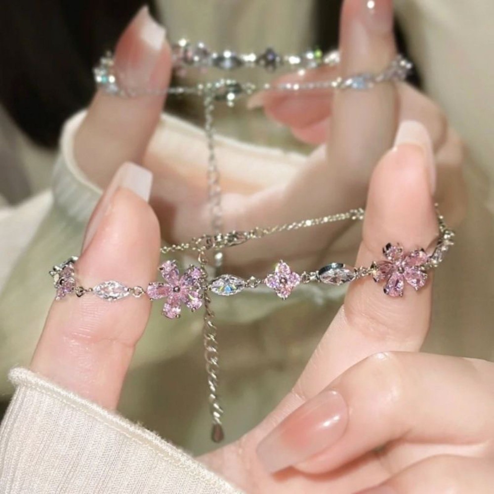 Zinc Alloy Rhinestone Cherry Blossom Pink Flower Bracelet for Women Girls Gift