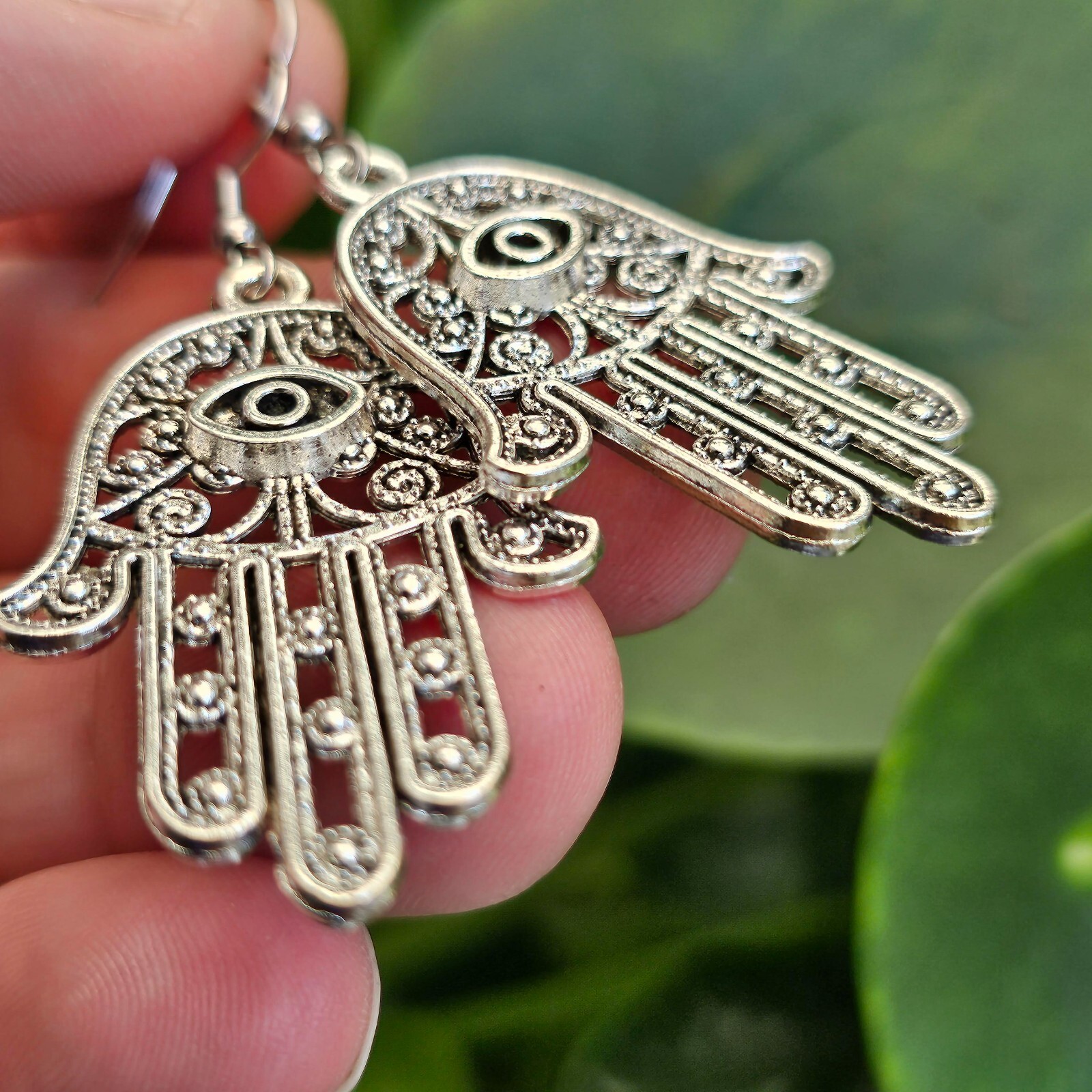 Large Hamsa Earrings Evil Eye Protection Filigree Silver Drop Dangle Jewellery