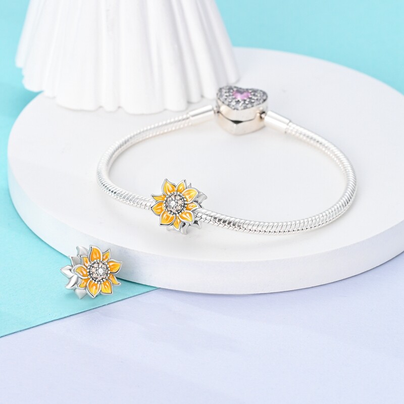 MULA European Silver Plated Charm CZ Enamel Cream Sunflower For Women Bracelet