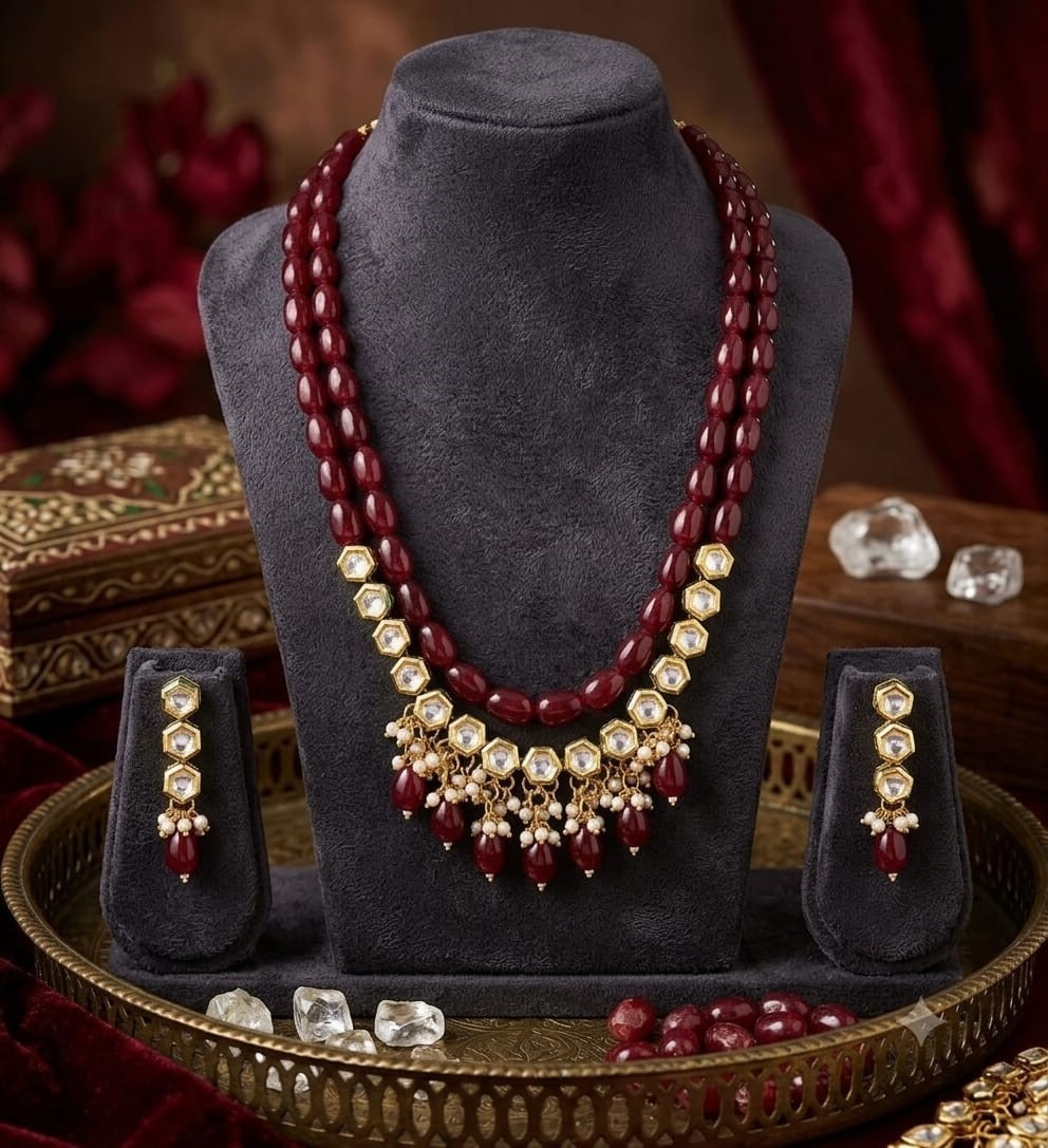 2PC Green Red Beaded Kundan Necklace Set Gold Plated Ethnic Bridal Jewelry