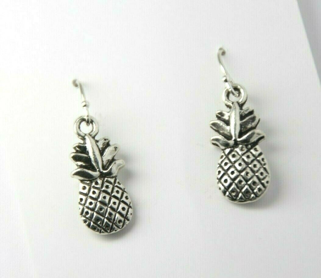 Pineapple Charm Earrings 925 sterling silver hooks pewter Charms 1 1/4″ Fruit