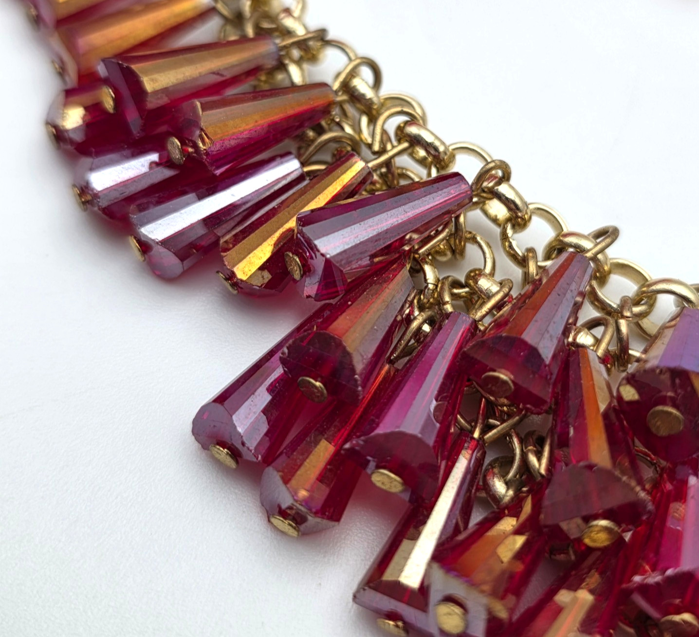 Pink Magenta AB Spike Fringe Bib Statement Necklace Gold Tone 21 In Adj