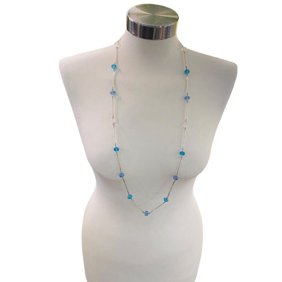 Silvertone Blue Aqua Beaded Overhead 36″ Strand String Necklace