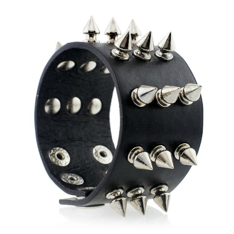 Gothic Punk Black Leather Wide Band Bracelet w/ 3 Rows of Silver Spikes