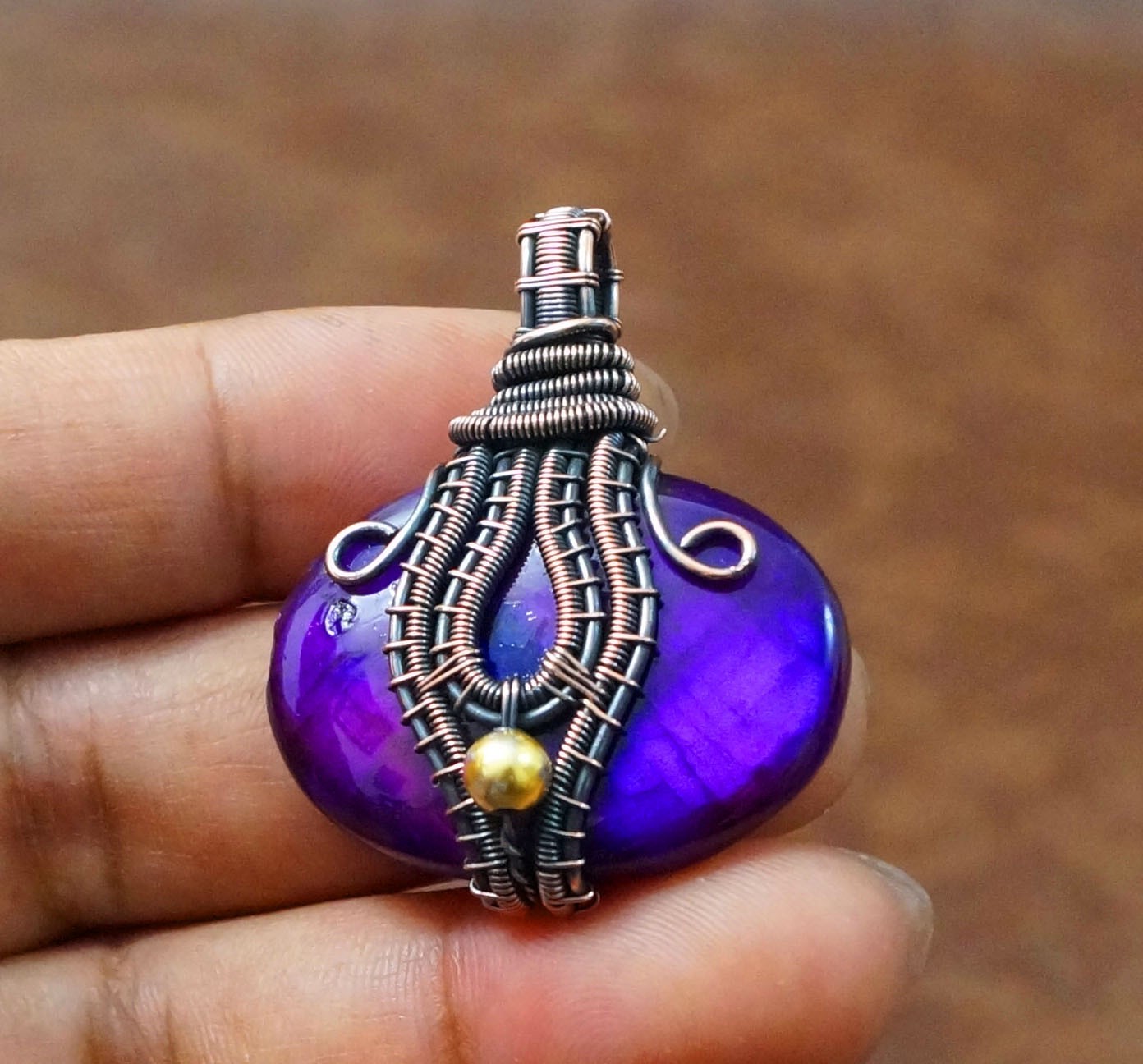 Purple fire Labradorite Copper Wire Wrapped Pendant Gemstone Jewelry (PD-32