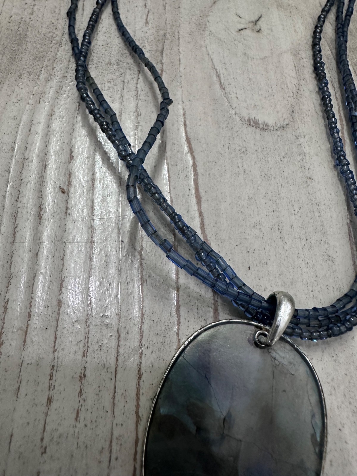 Croft Barrow Blue Gray Beaded Necklace Faux Abalone Pendant and Earrings