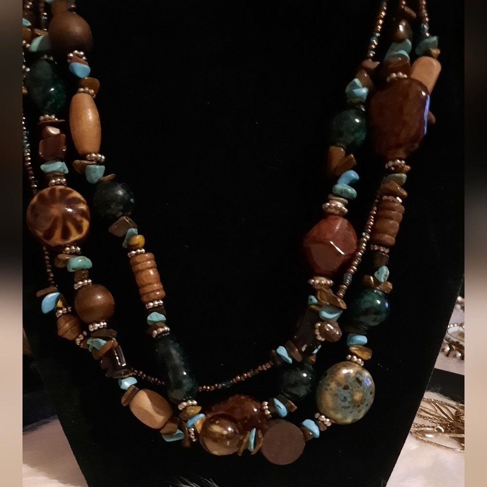 Stone, ceramic, wood, Glass seed beaded necklace Multistrand necklace