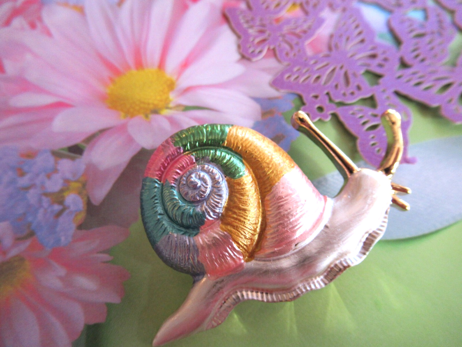 Beautiful Rainbow Enamel Snail Brooch 2″ Long Gold Tone Brooch NEW