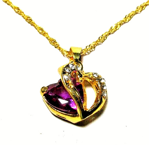Gold Tone Purple & Clear Crystal Heart Pendant 16″ Necklace – NWOT (#2673)