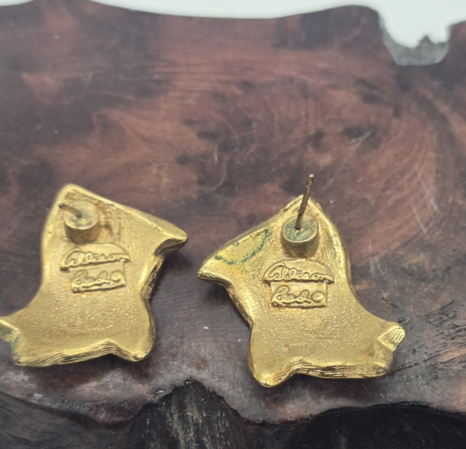 Enamel Gold Tone Tri Color Ribbon. Pierced Earrings Signed Allison Reed
