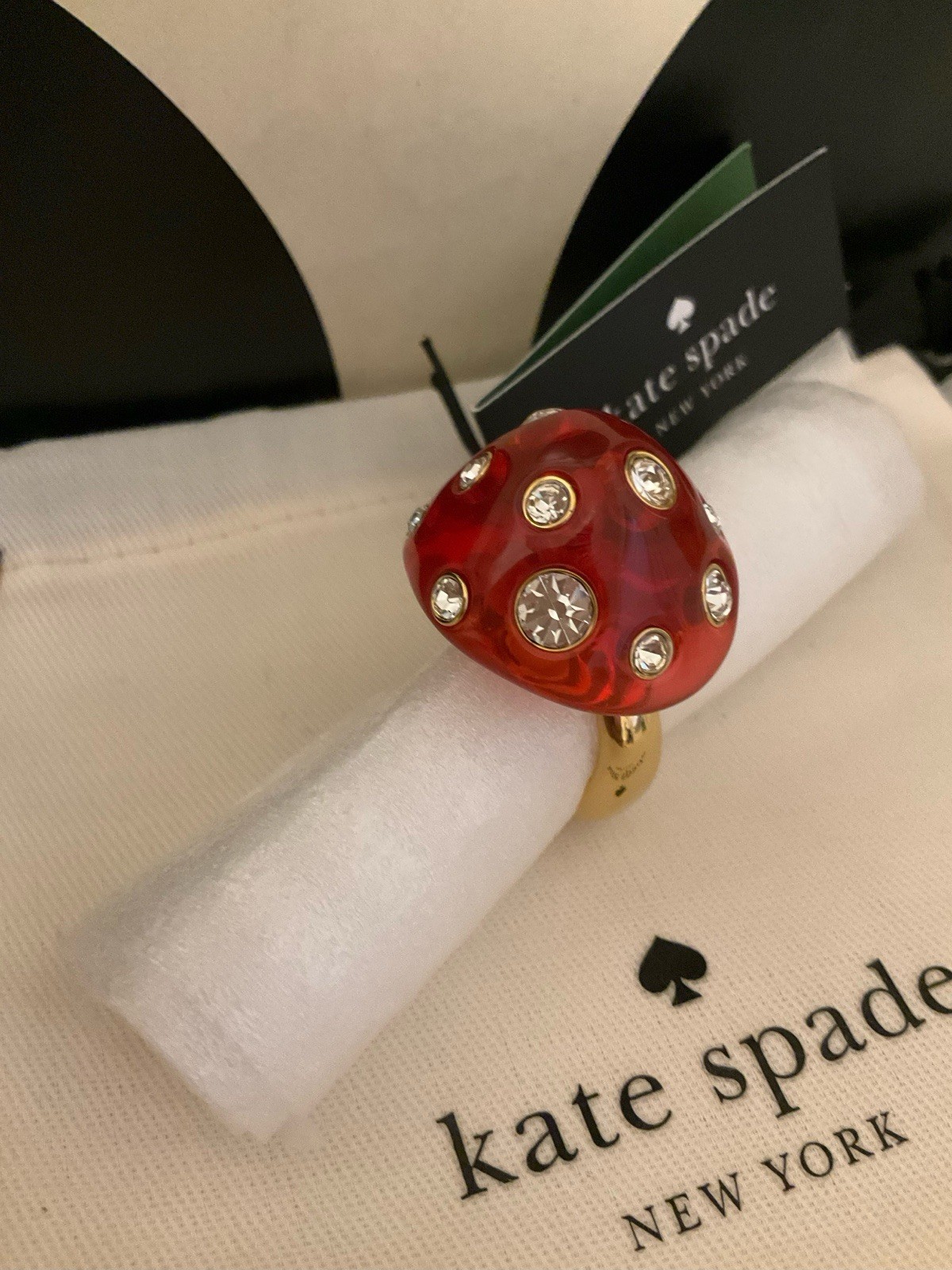 NWT Kate Spade New York Forest Pop Mushroom 12k Gold Plated CZ Crystal Ring Sz 8