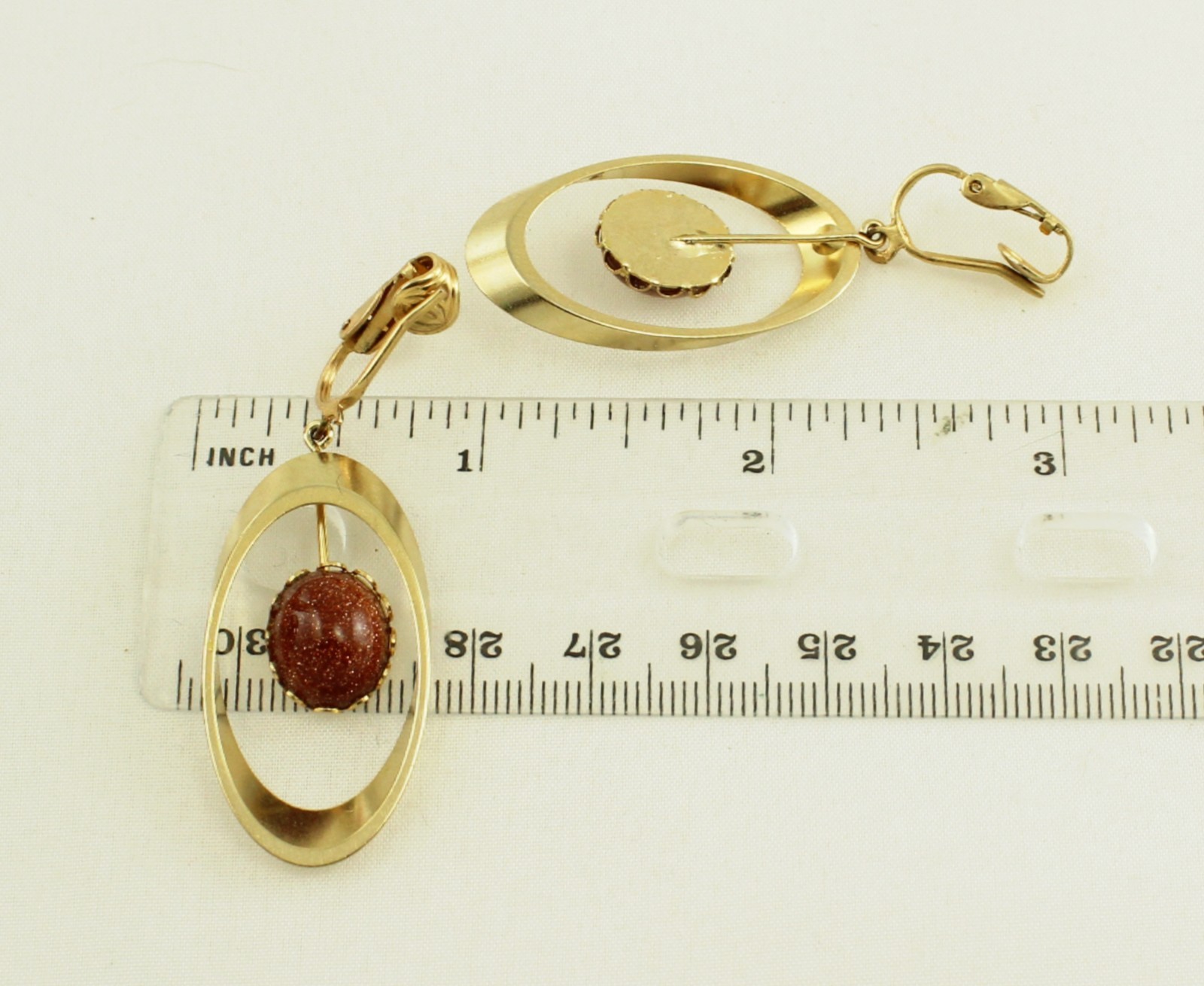 Vintage 1960s Space Age Sunstone in Golden Orbit Faux Pierced Clip Earrings
