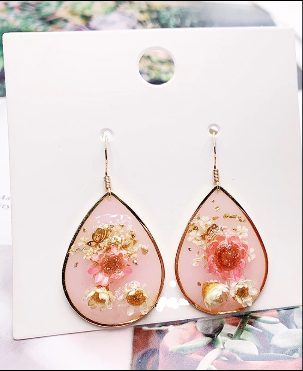 REAL Flower Earrings Dried Pressed resin glossy rose daisy gold Cottagecore cute