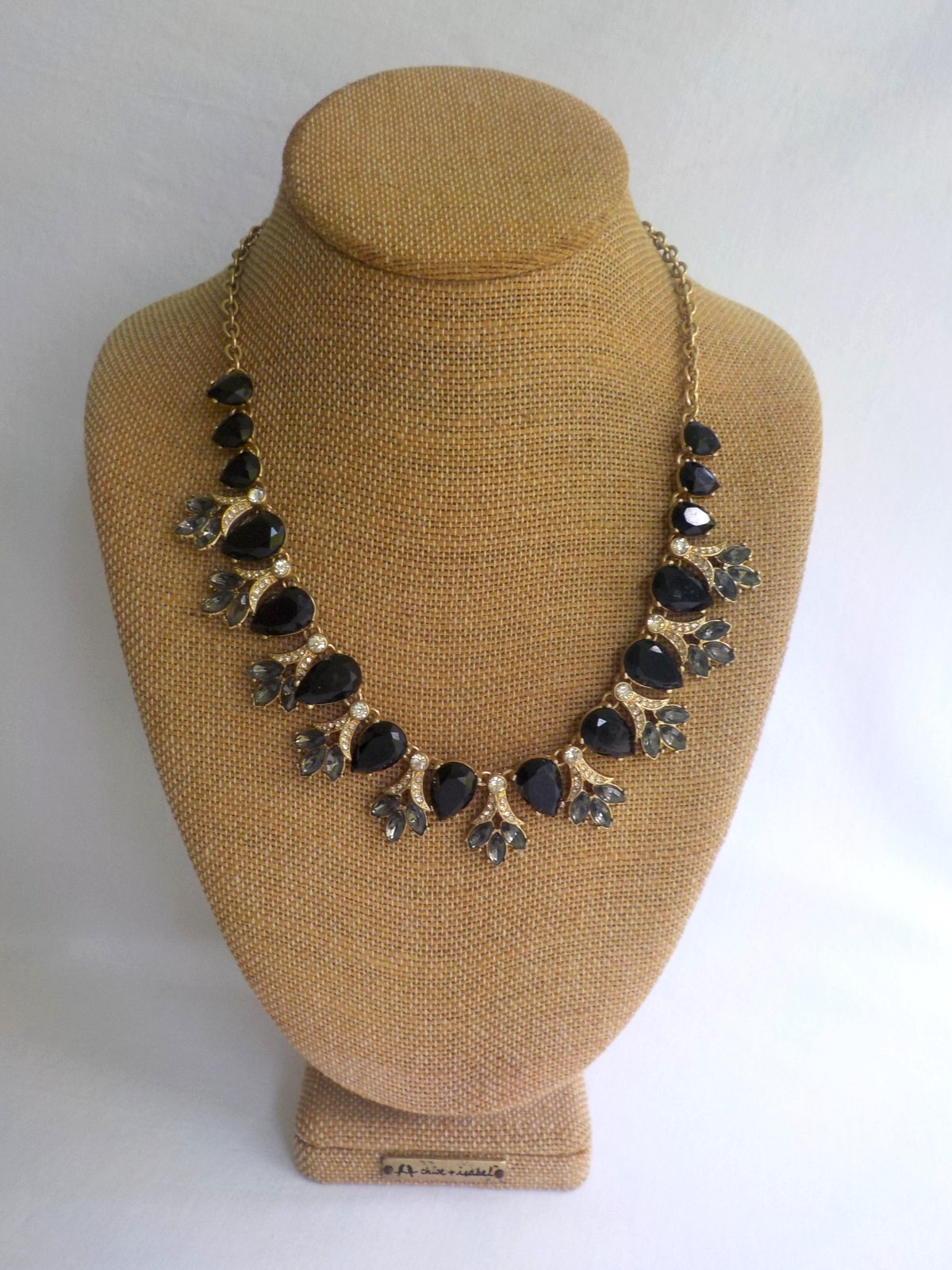 Necklace Plastic Black Teardrop Smoky Gray Clear Rhinestone Gold Tone Metal Link