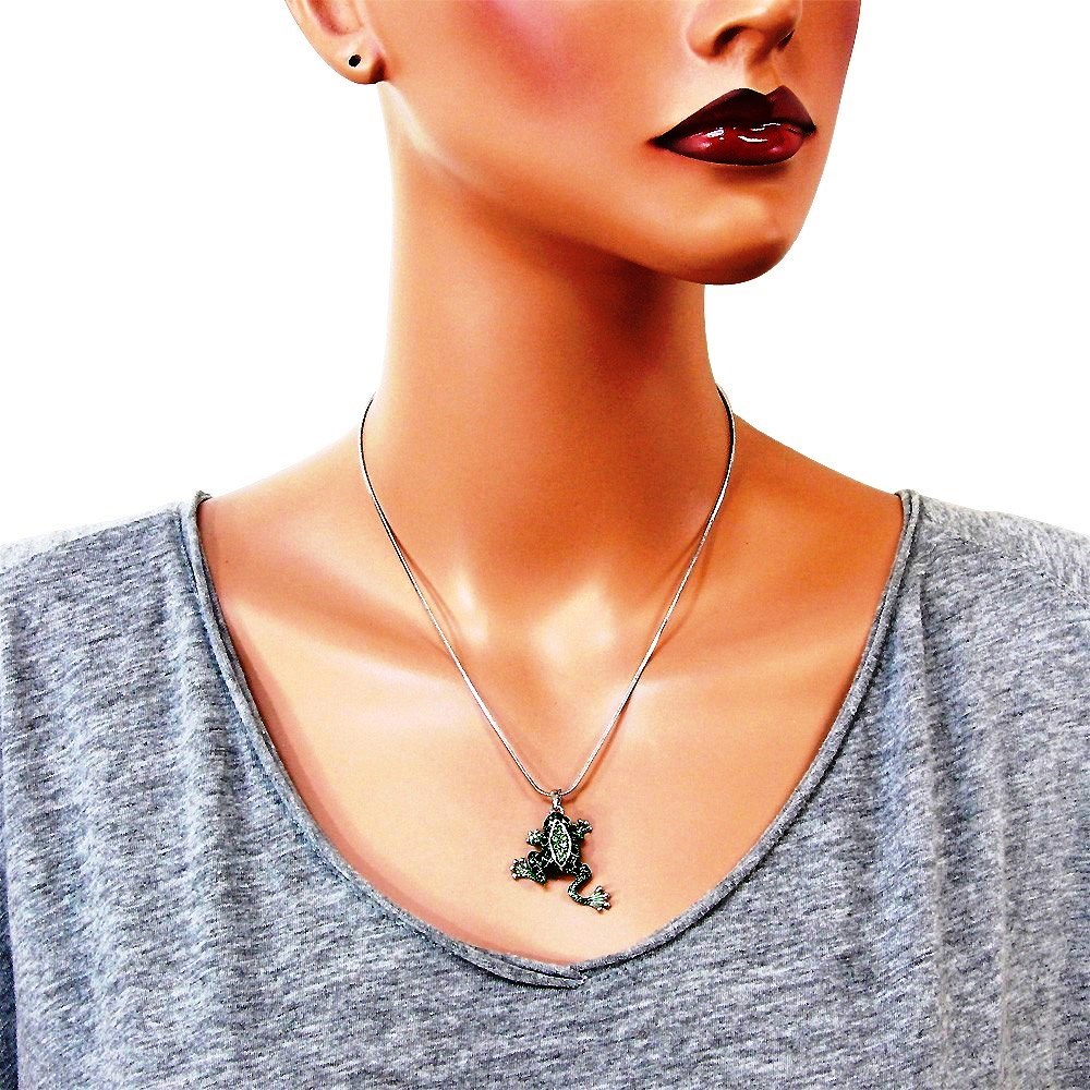Silvertone Crystal Frog Charm Pendant Necklace 18″ Chain Fast Shipping
