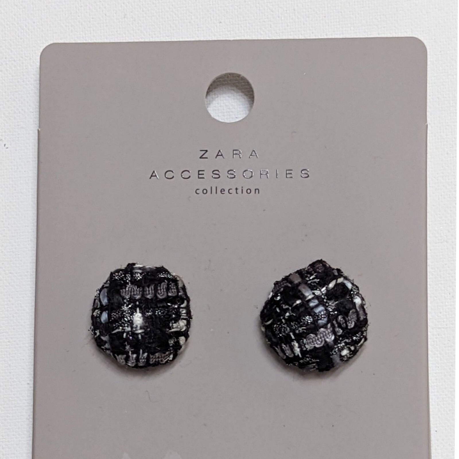 ZARA Boucle Tweed Button Earrings Black White Fabric Checked Studs Vintage Style