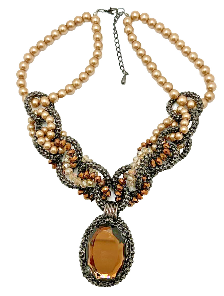 Vintage Amber Rhinestone Pendant Necklace Braided Copper Beige Beaded Choker 17″