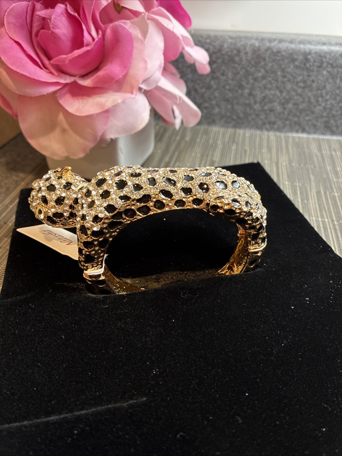 Natasha Gold Leopard Panther Cuff Bracelet Rhinestone, Enamel Green Eyes.