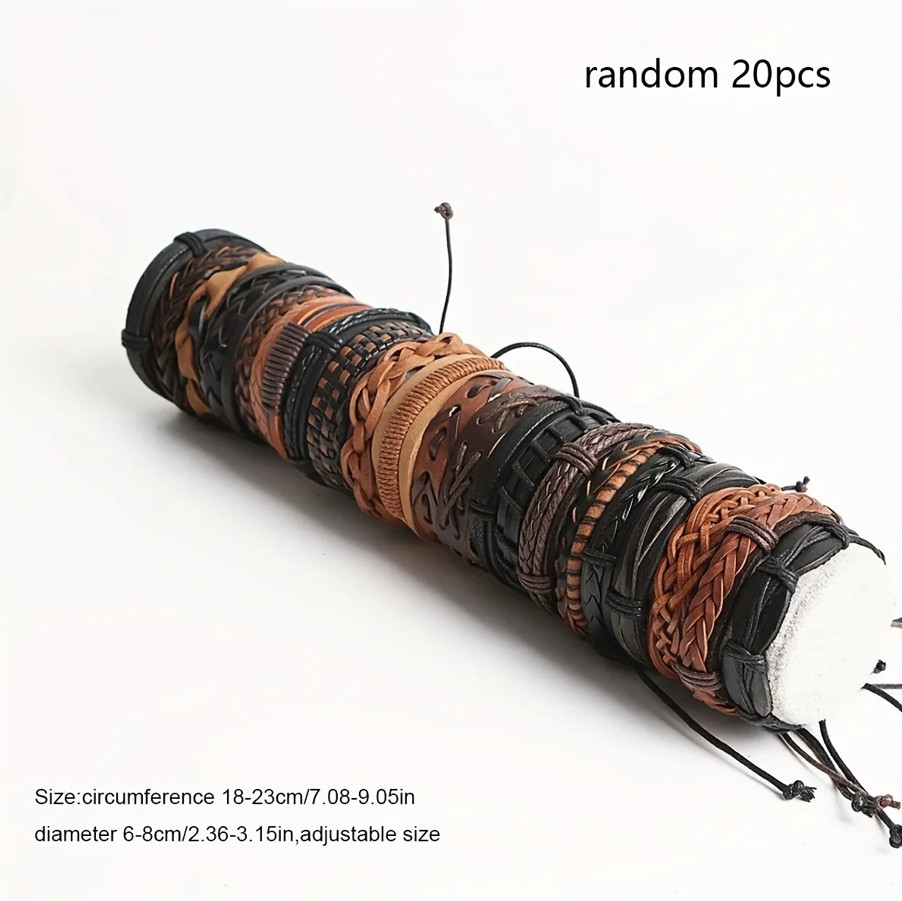20pcs Braided Leather & Beads Bracelet Set – Adjustable Tribal Style Unisex