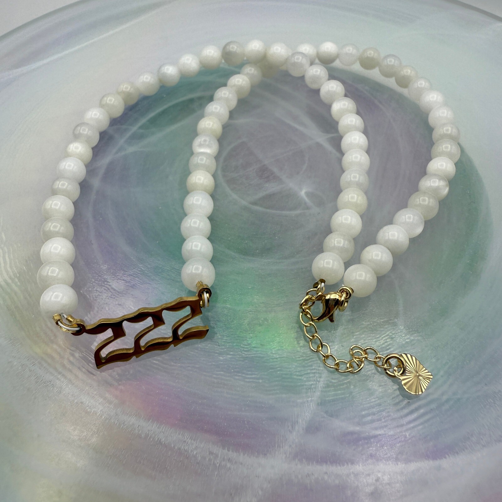 Moonstone 222 Alignment Angel Number Beaded Necklace Gold Accent Women’s Jewelry
