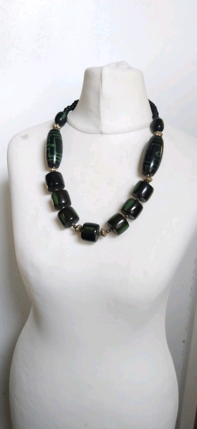 Vintage Chunky Black Green Resin, Metal Mixed Shapes Beaded Statement Necklace
