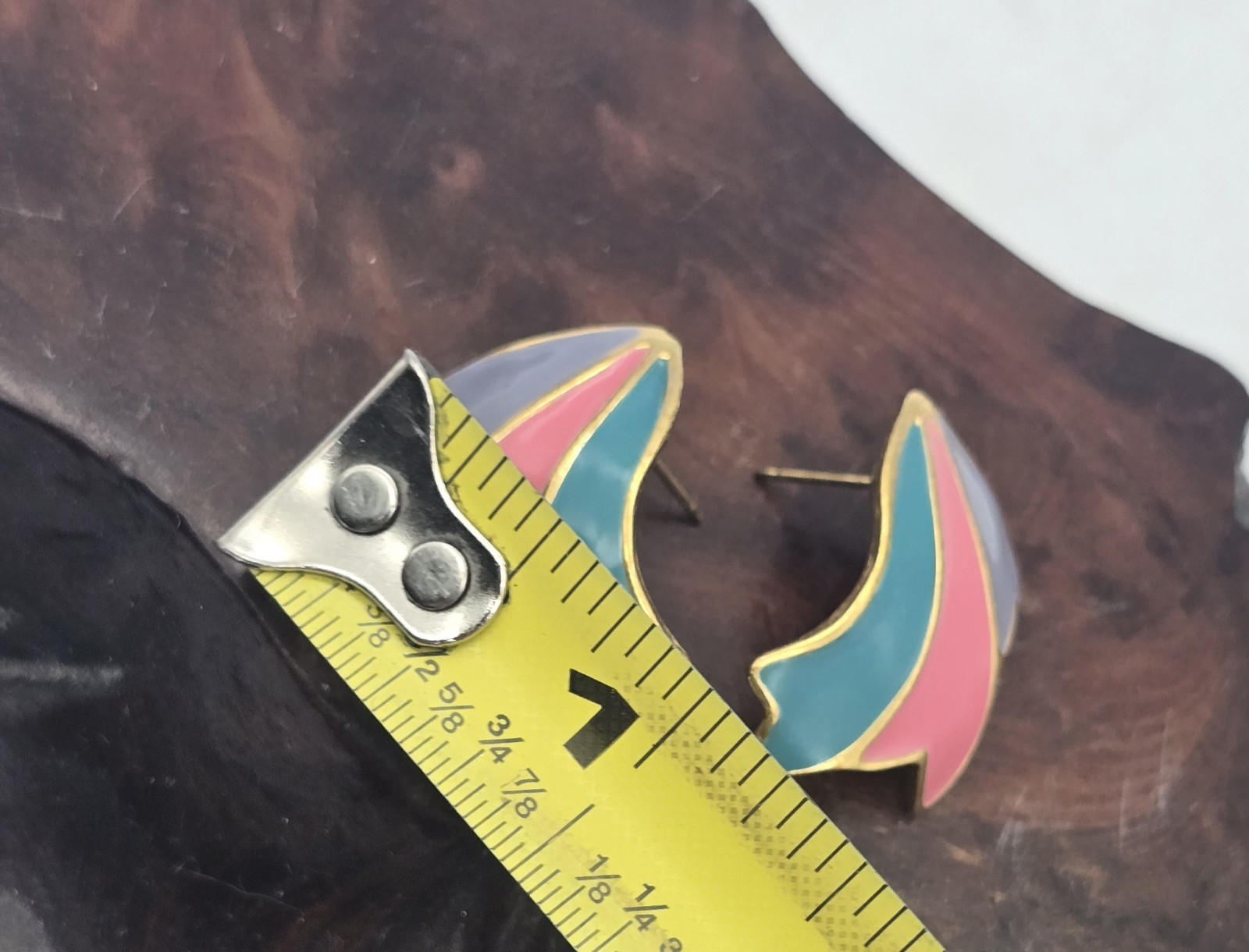 Enamel Gold Tone Tri Color Ribbon. Pierced Earrings Signed Allison Reed