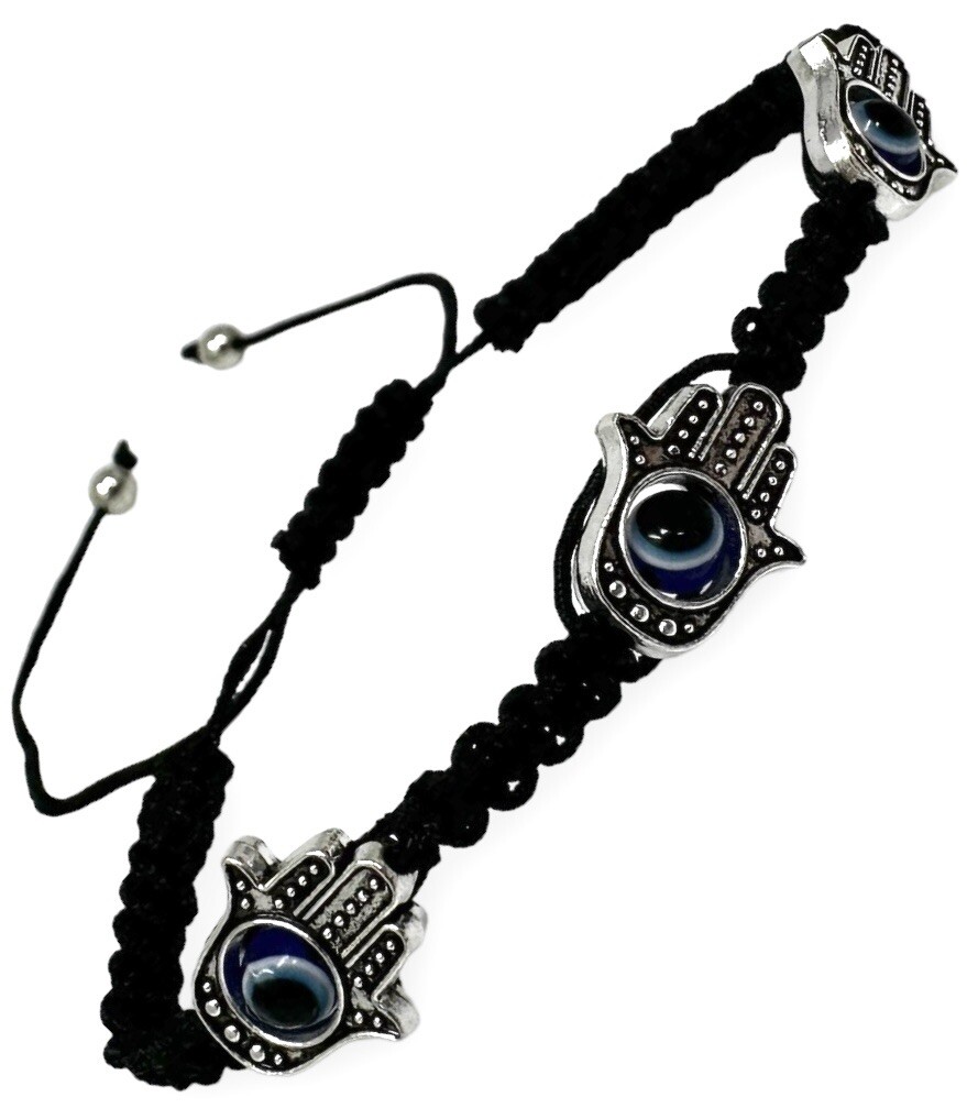 Adjustable Unisex Hamsa Hand Bracelet with Protection Eye Black Macrame Cord