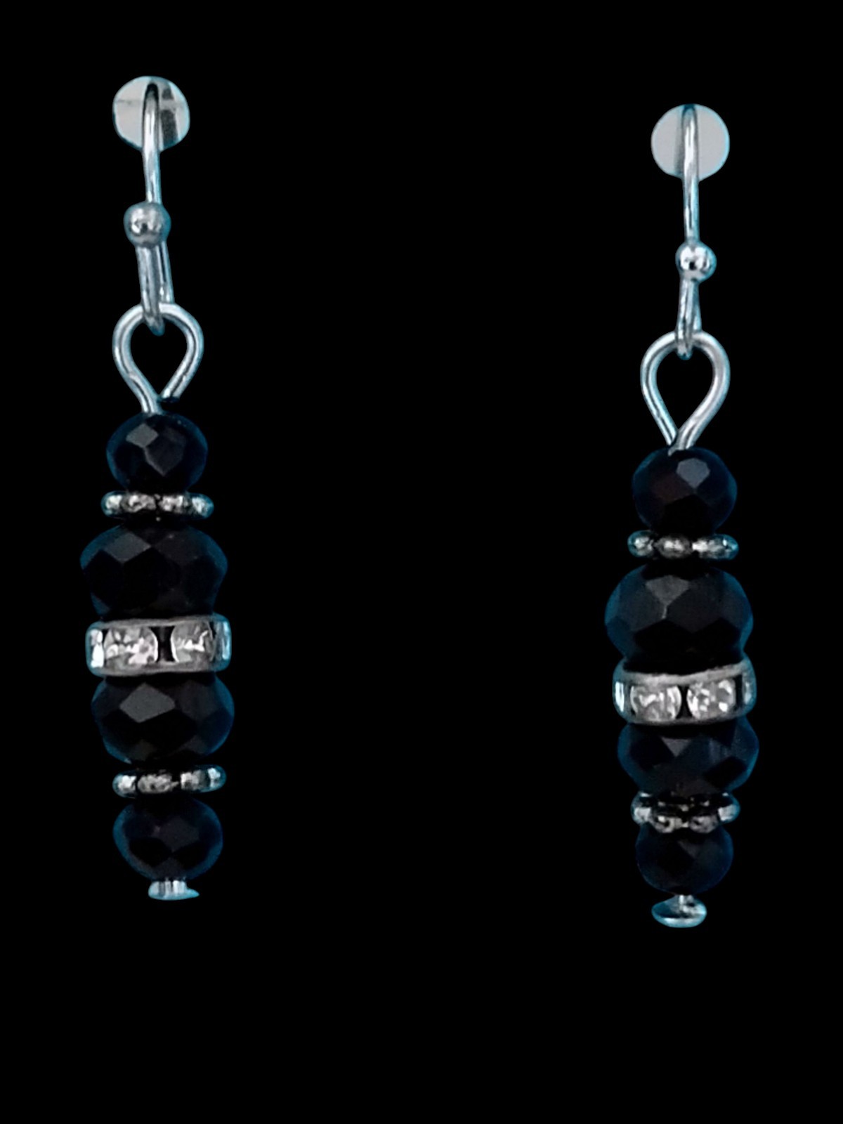 Handcrafted SILVERTONE BLACK BEADS Dangle Earrings HYPOALLERGENIC LOOPS STOPPERS