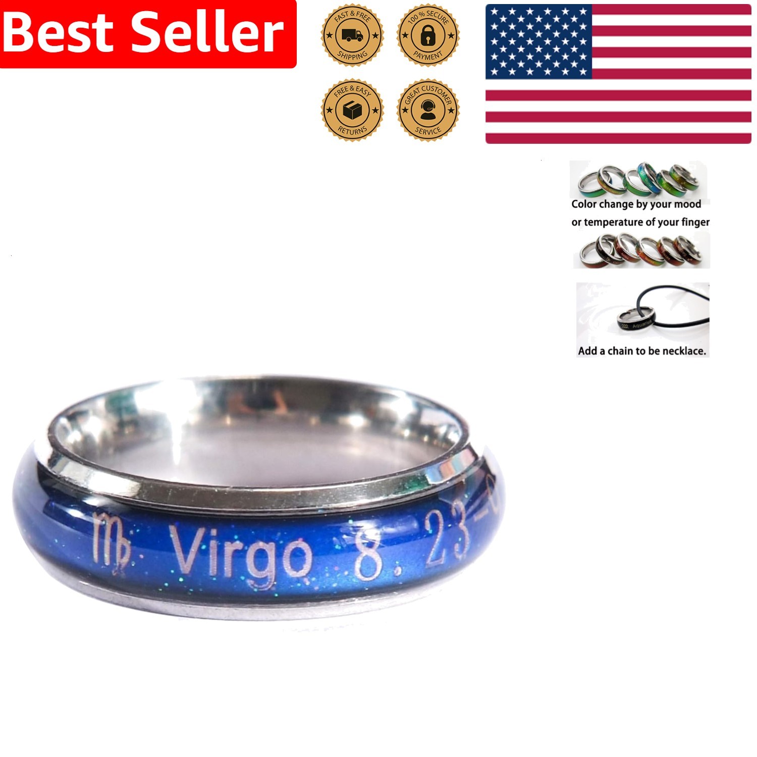 Unisex Mood Ring Constellation Color Change Emotion Stainless Steel Gift Box