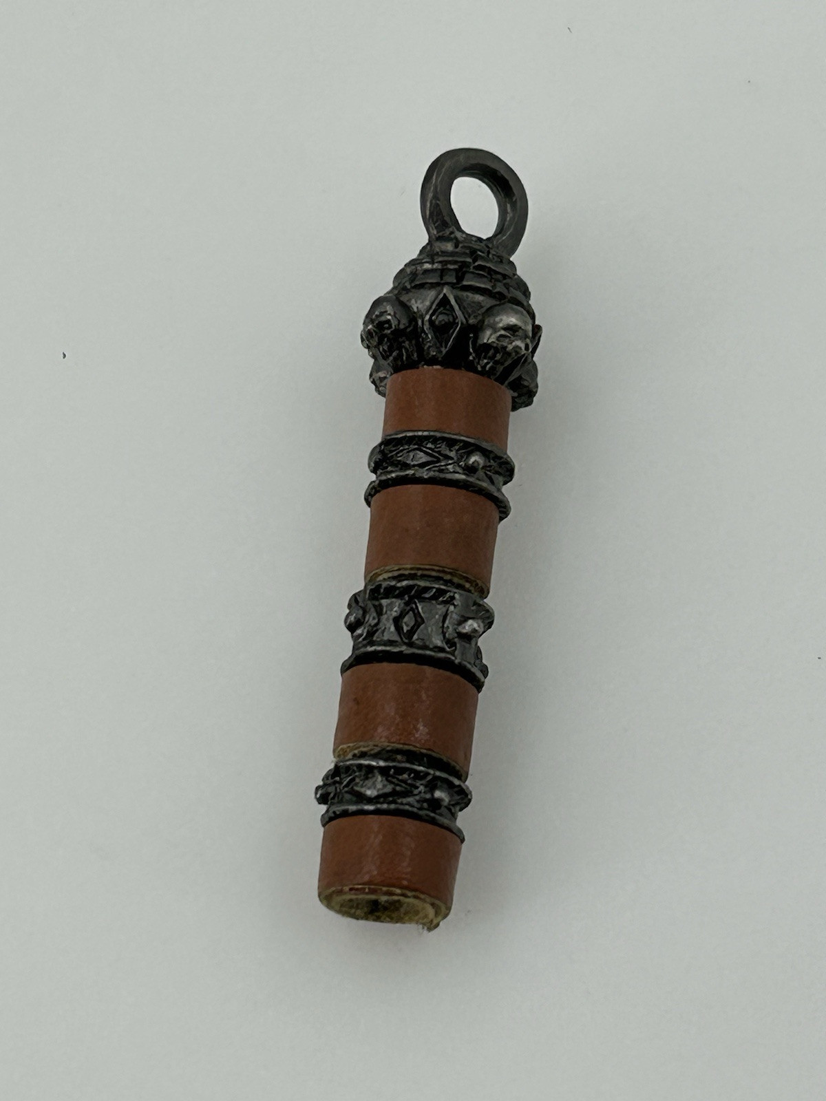 Gothic Skull Faux Brown Leather Roll Pendant Antiqued Bands 1.75 Inch Long