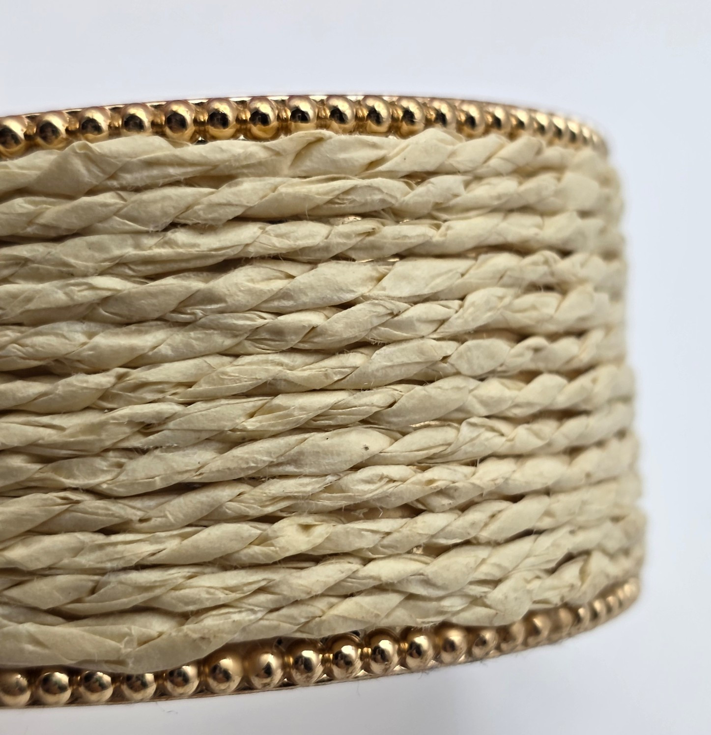 Cream Woven Raffia Gold Tone Wide Open Cuff Bracelet 6.25 In 32mm