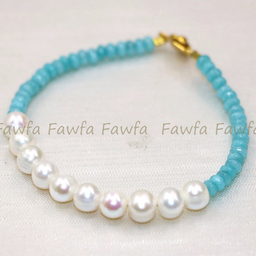 2x4mm Faceted Blue Aquamarine Gem Beads Natural 7-8mm White Pearl Bracelet 7.5”