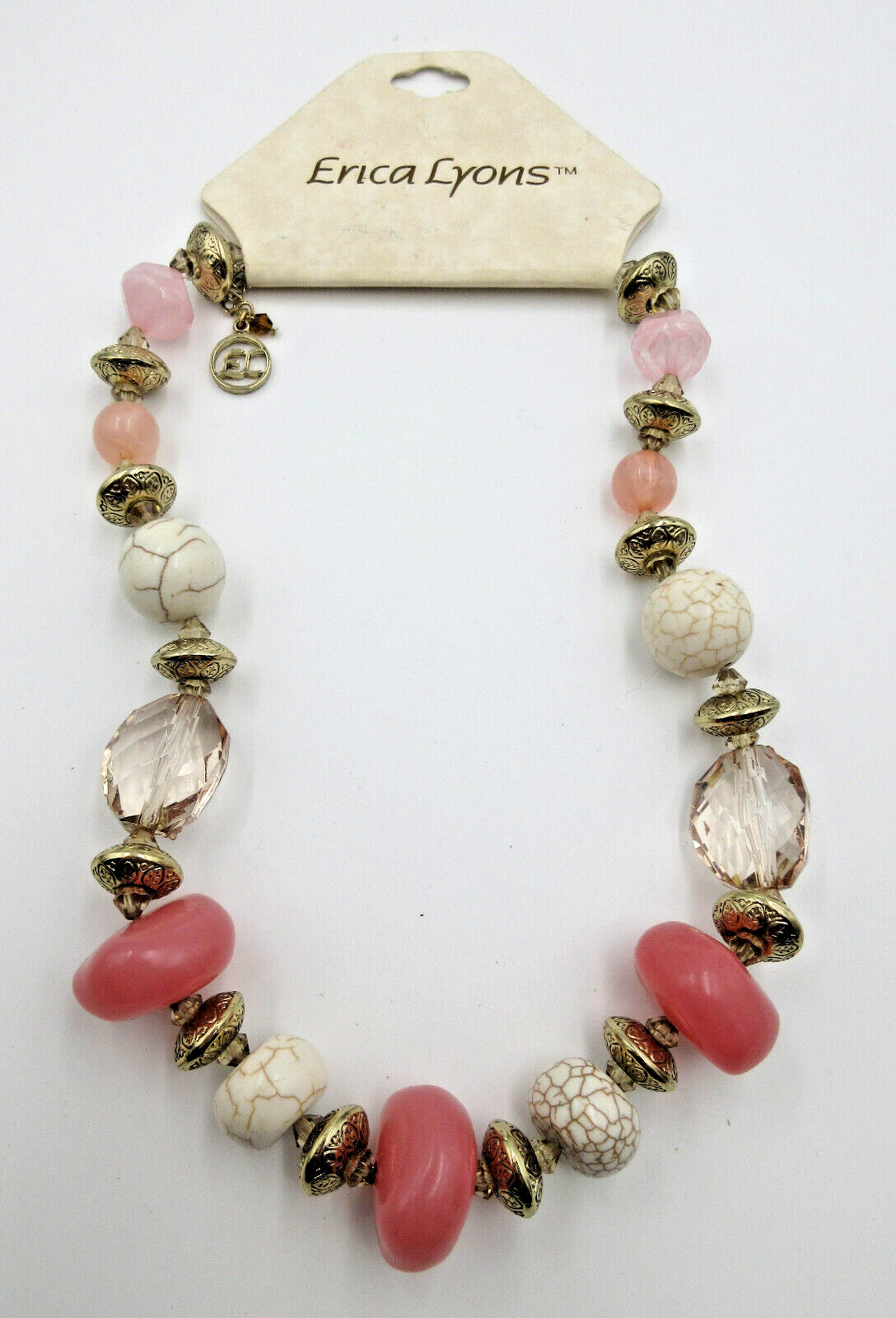 NEW SIGNED EL by ERICA LYON gold tone clear pink off white brown CHUNKY Necklace