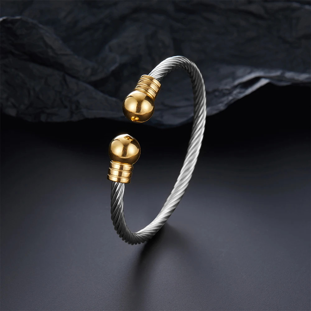 Unisex Stainless Steel Braided Open Cuff Bracelet Gold Silver Ball