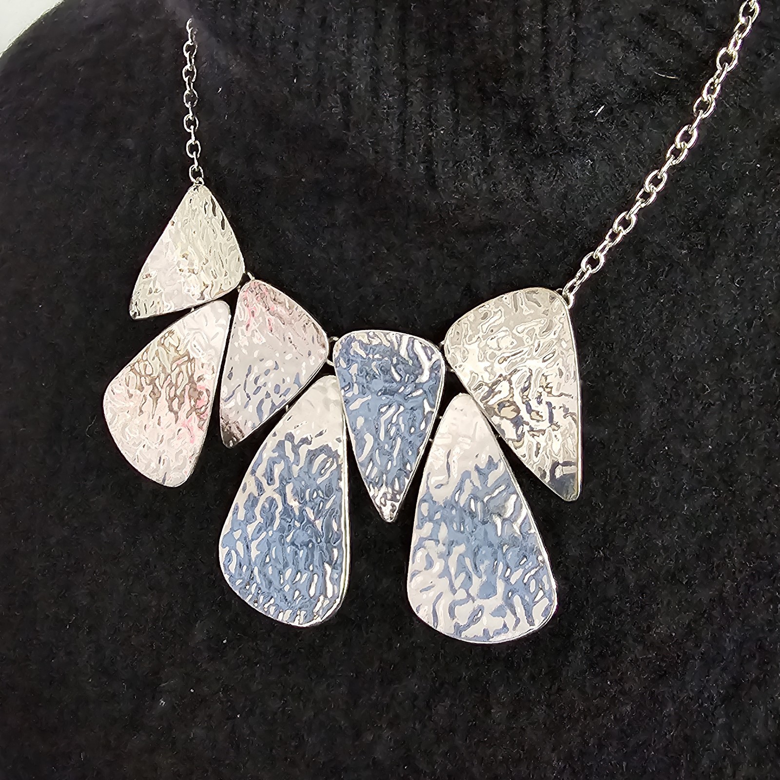 Silver Tone Hammered Metal Statement Bib Necklace Modern Geometric